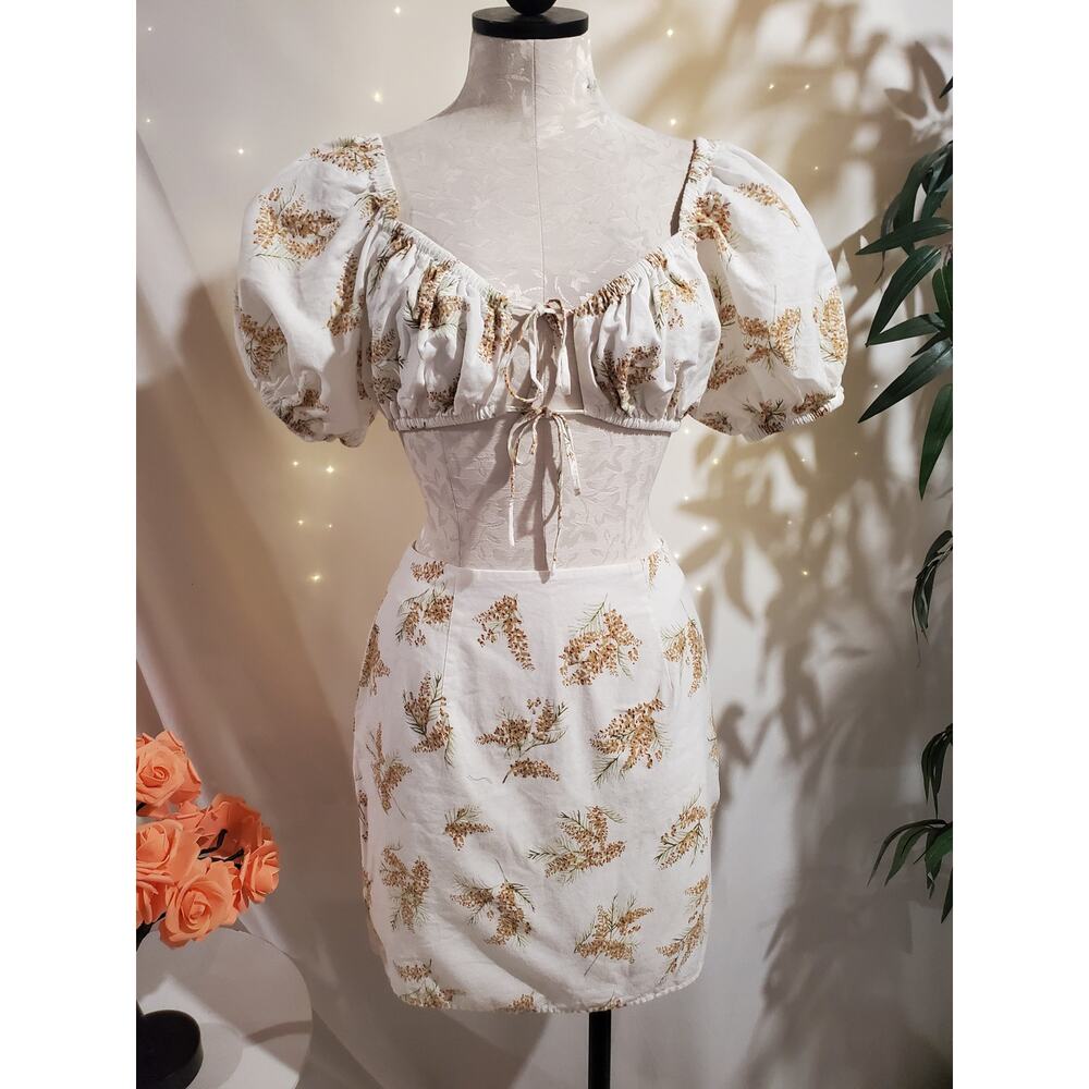 Sabo Skirt Australia Milkmaid Puff Sleeve Crop Top Skirt Set Size S Floral Cream